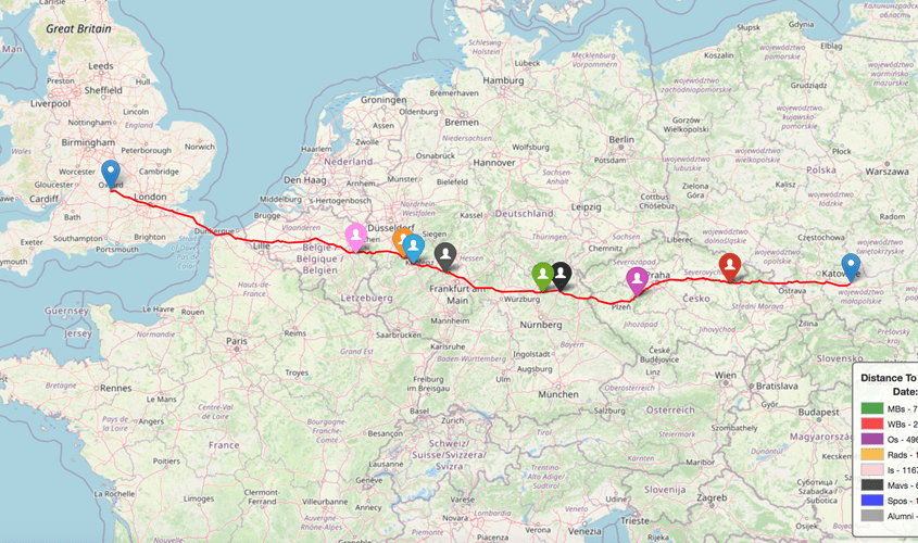 Map showing distance of London to Krakow